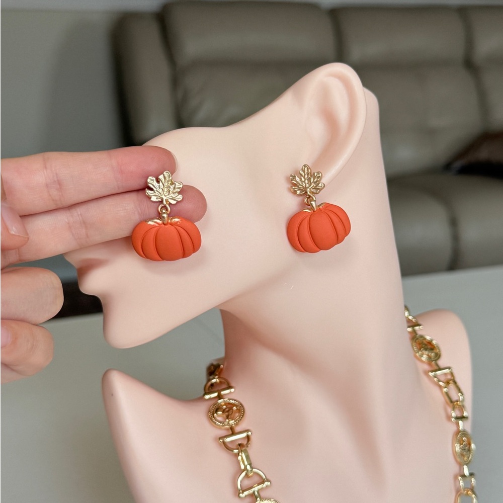 Gold Leaf Pumpkin Drop Earrings - Orange